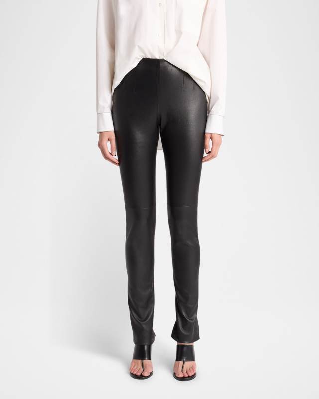 Lakun Leather Skinny-Leg Slit-Hem Pants